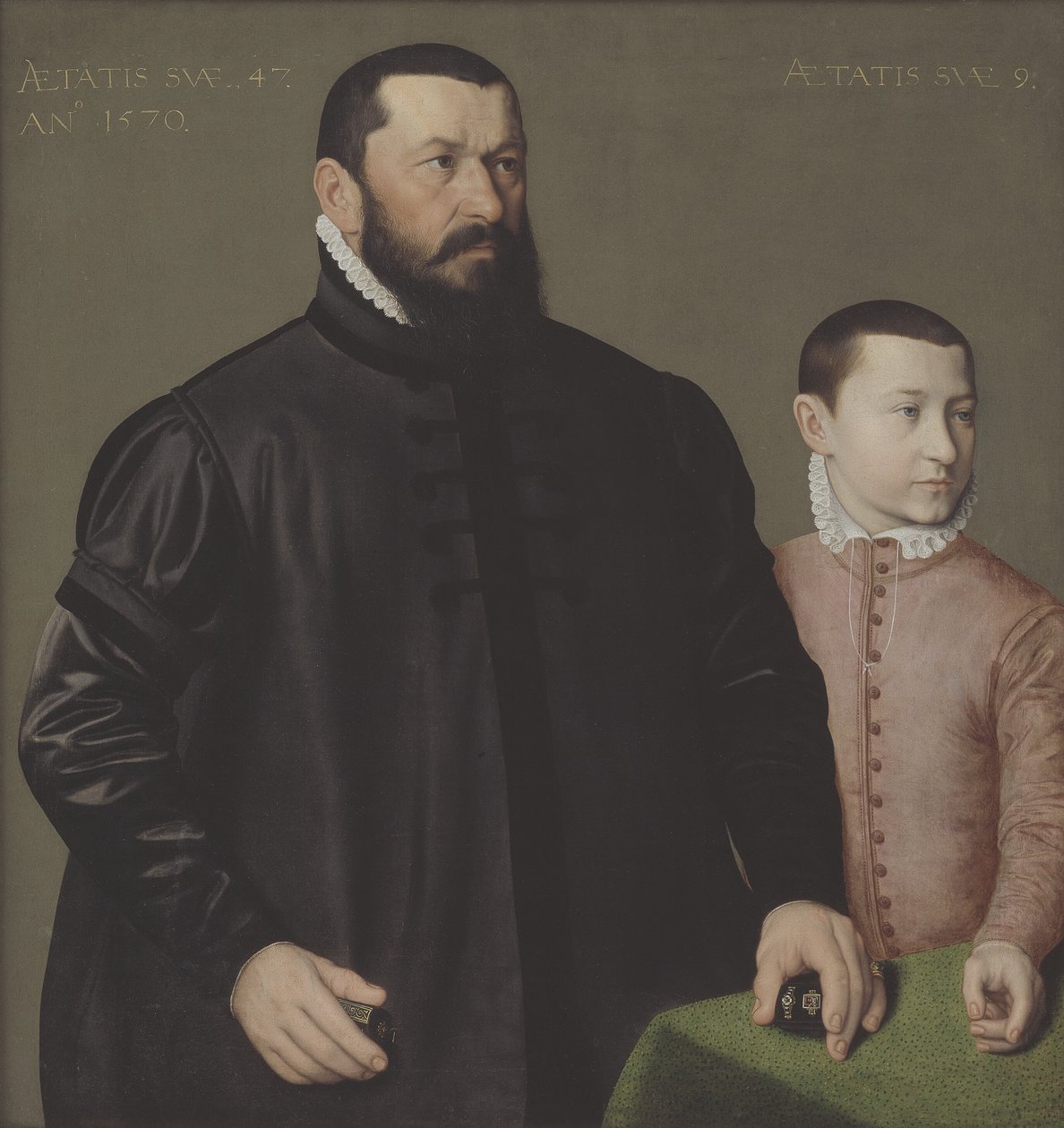 Muotokuva Nürnbergin kultasepästä Hans Lenckeristä (1523-1585) ja hänen 9-vuotiaasta pojastaan Elisius nuoremmasta tekijältä Nicolas Neufchatel