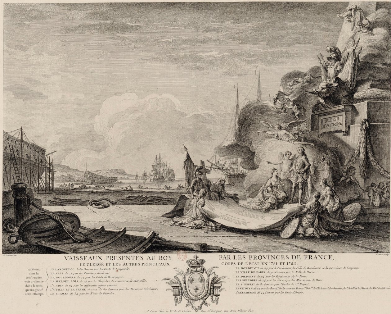 Allegorinen kaiverrus laivojen lahjasta noin 1762. tekijältä Nicolas Ozanne