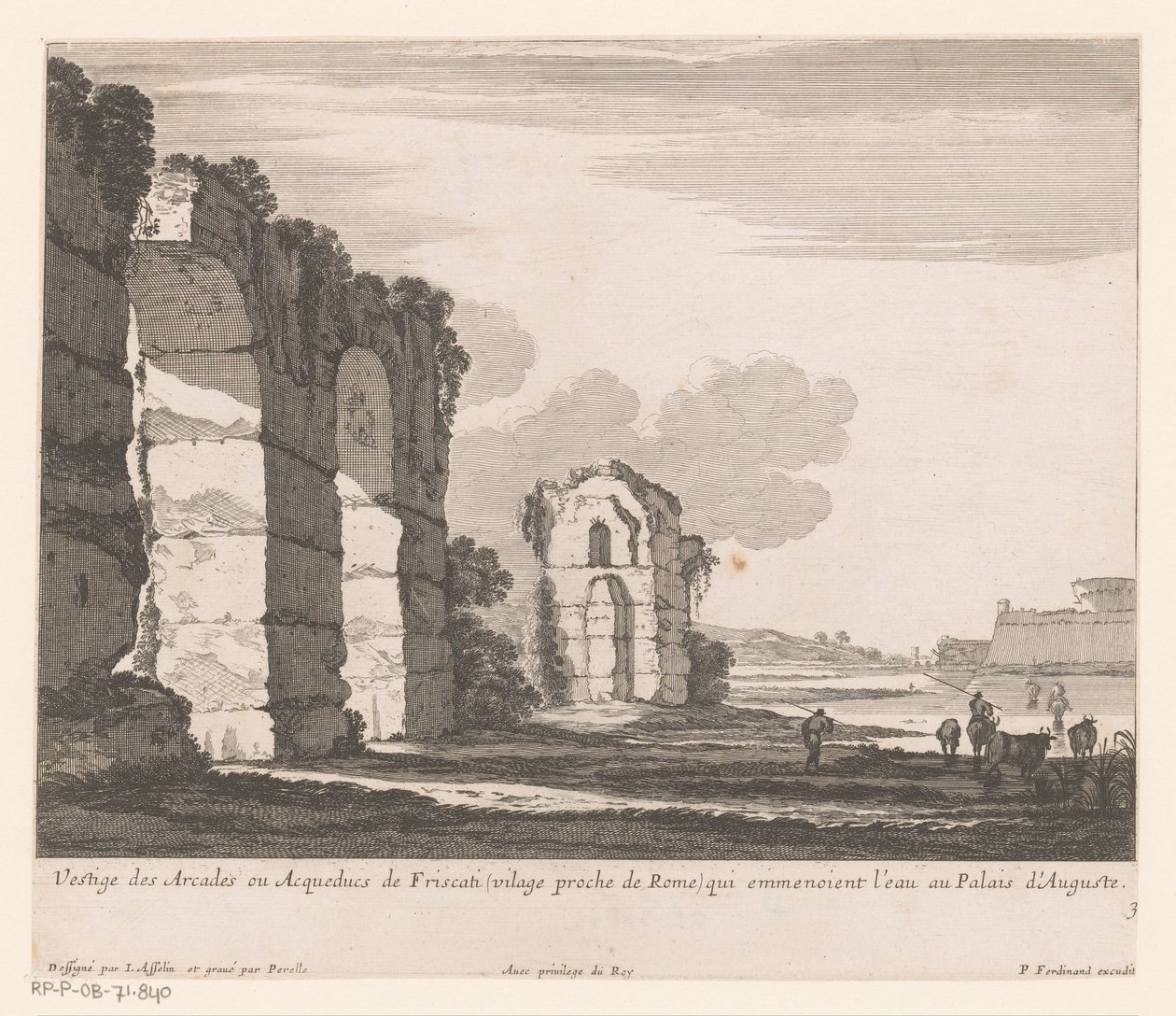 Maisema raunioita ja lehmänpaimenia Vestige des Arcades ou Aqueducs de Friscati (...) (otsikko esineessä) tekijältä Nicolas Perelle