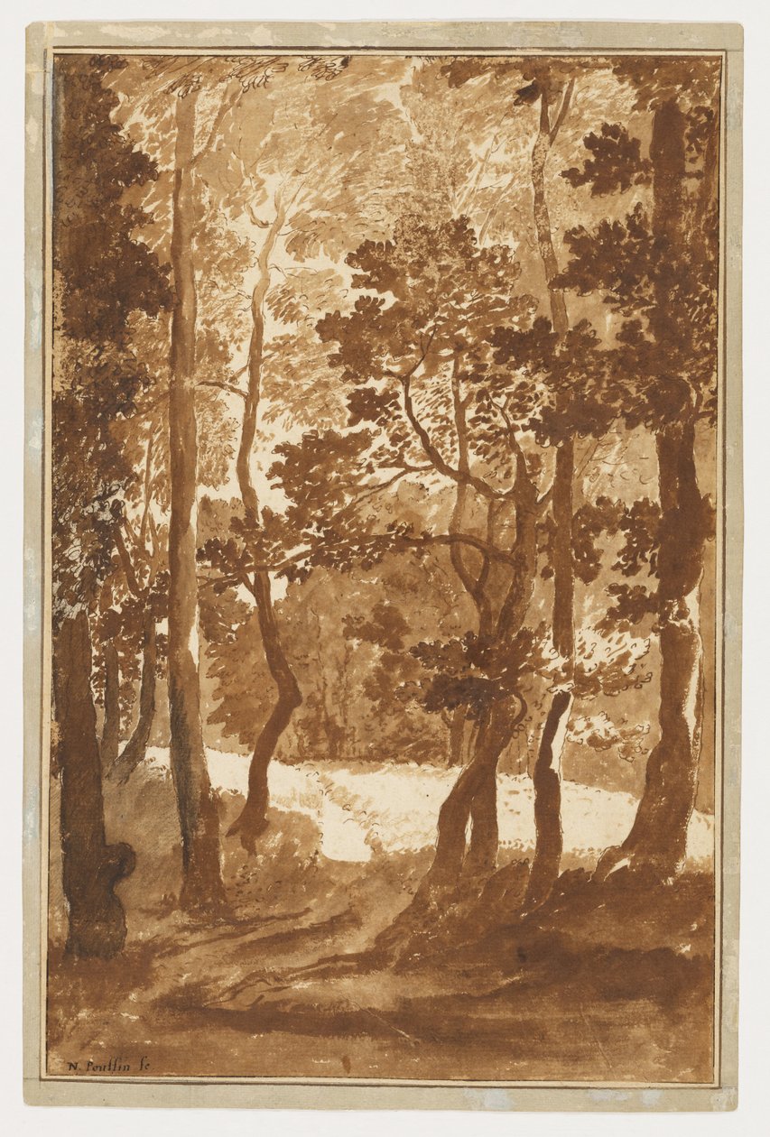 Ein Pfad, der in eine Waldlichtung führt tekijältä Nicolas Poussin
