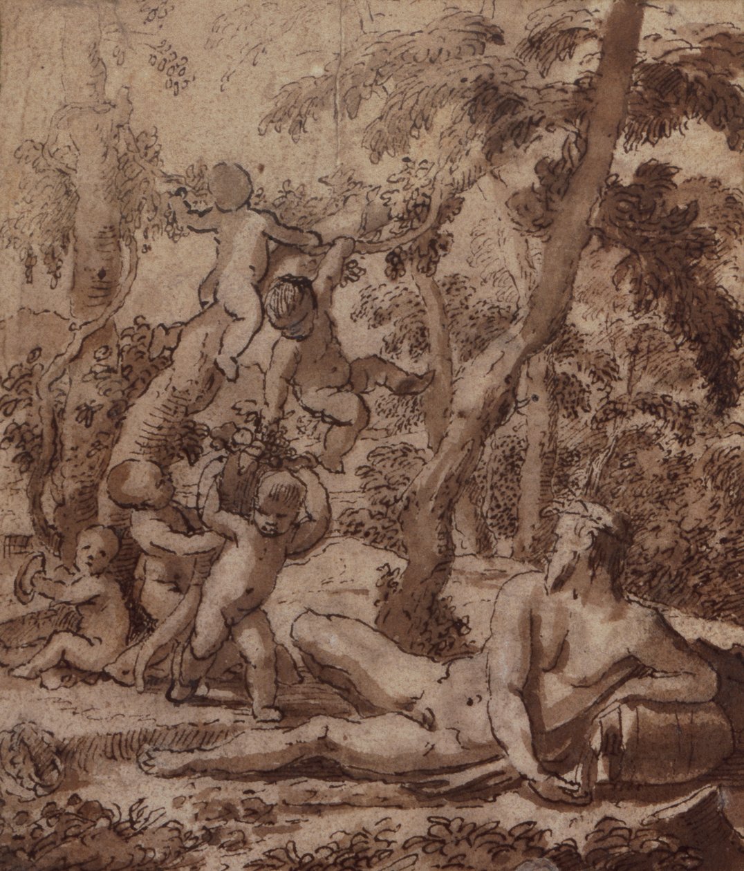Metsäinen maisema, jossa on jokijumala ja putti (kynä ja muste) tekijältä Nicolas Poussin