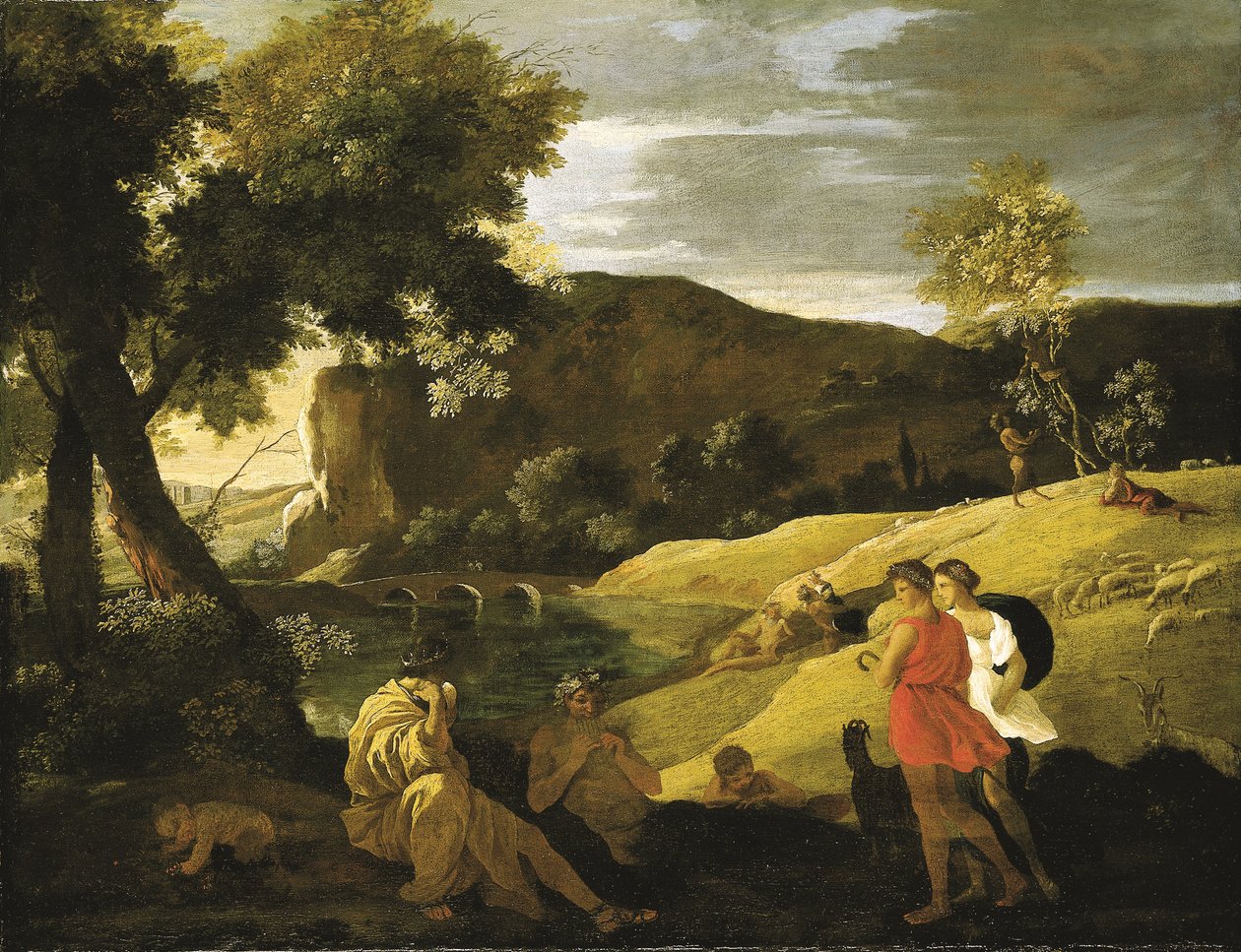 Arkadian maisema tarinoilla Panin ja Bacchuksen legendoista (öljy kankaalle) tekijältä Nicolas Poussin