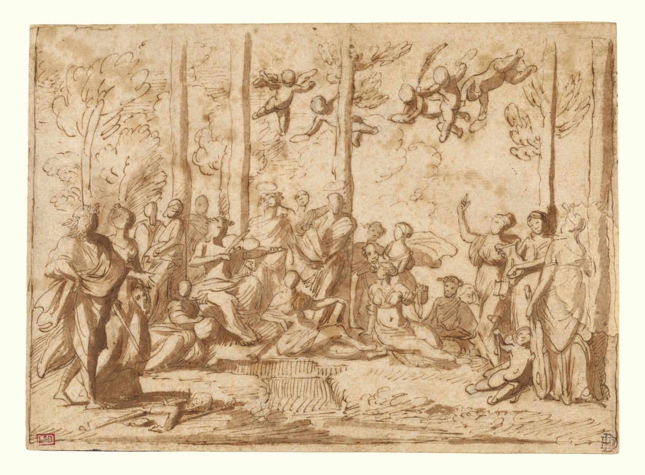 Apollo ja muusat Parnassos-vuorella tekijältä Nicolas Poussin