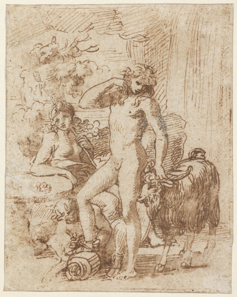 Bacchus ja Erigone (kynä ja muste pesulla paperille) tekijältä Nicolas Poussin