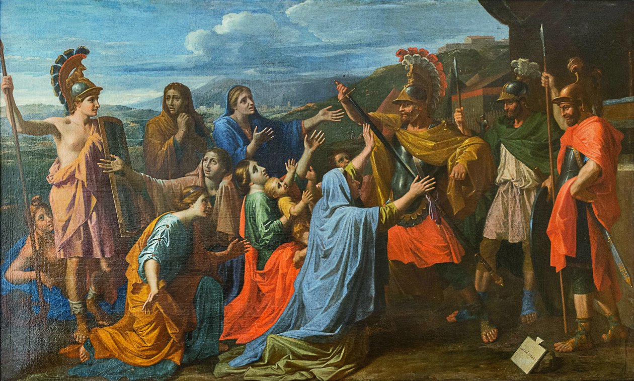 Coriolanus suostutteli perheensä säästämään Rooman Veturian Coriolanuksen jalkojen juurella, noin 1652. tekijältä Nicolas Poussin