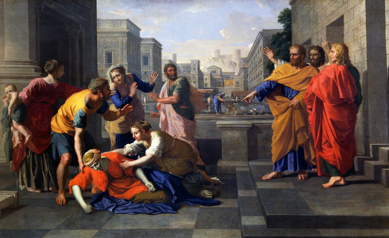 Pietarin jalkojen juureen palavana kaatuneen Ananiaksen vaimon Sapphiran kuolema, n. 1652 (öljy kankaalle) tekijältä Nicolas Poussin