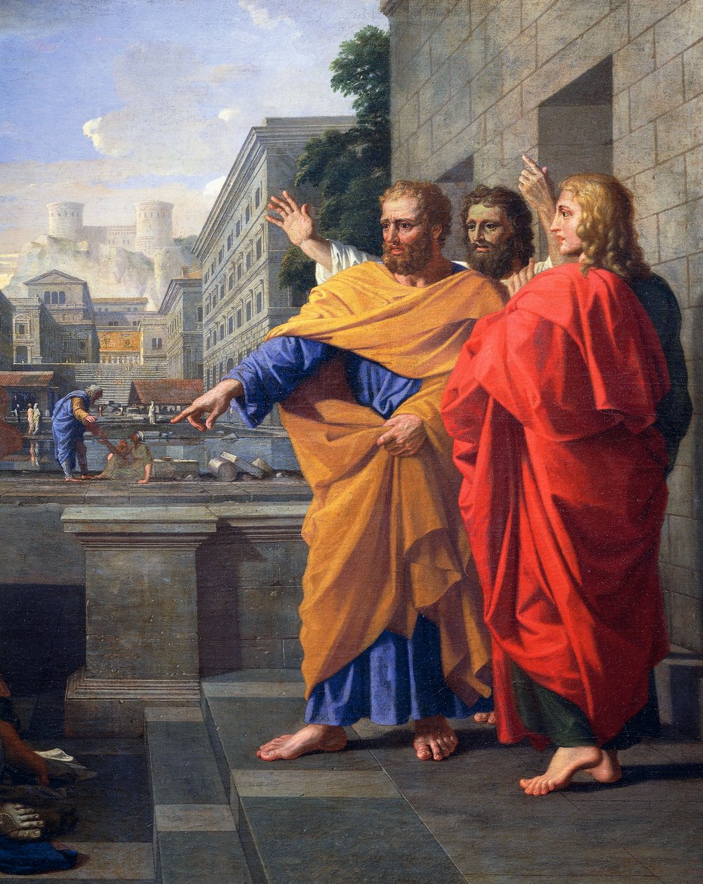 Pietarin jalkojen juureen palavana kaatuneen Ananiaan vaimon Sapphiran kuolema, yksityiskohta 2581012, n. 1652 (öljy kankaalle) tekijältä Nicolas Poussin