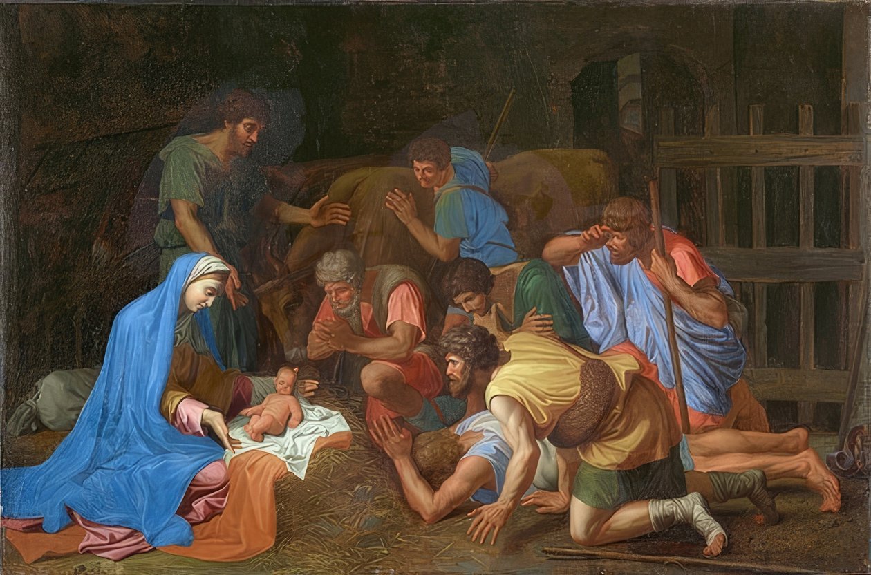 Paimenten palvonta. Noin 1653 tekijältä Nicolas Poussin