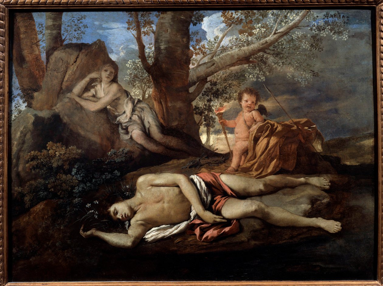 Kaiku ja Narcissus kuvitus legendalle, joka inspiroi Ovidea teoksessa "" Les Metamorphoses"" Nicolas Poussinin (1594-1665) 1600-luvun aurinko. 0,74 x 1 m Pariisi, tekijältä Nicolas Poussin