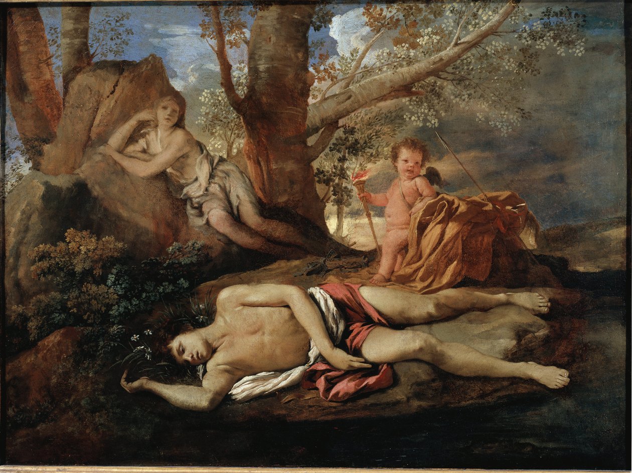 Kaiku ja Narcissus -kuvitus legendalle, joka inspiroi Ovidea Nicolas Poussinin maalauksessa "Les Metamorphoses" tekijältä Nicolas Poussin