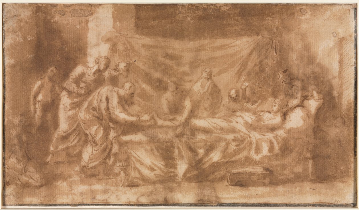 Extreme Unction recto, Three Heads and Other Sketches verso, 1643-1644. tekijältä Nicolas Poussin