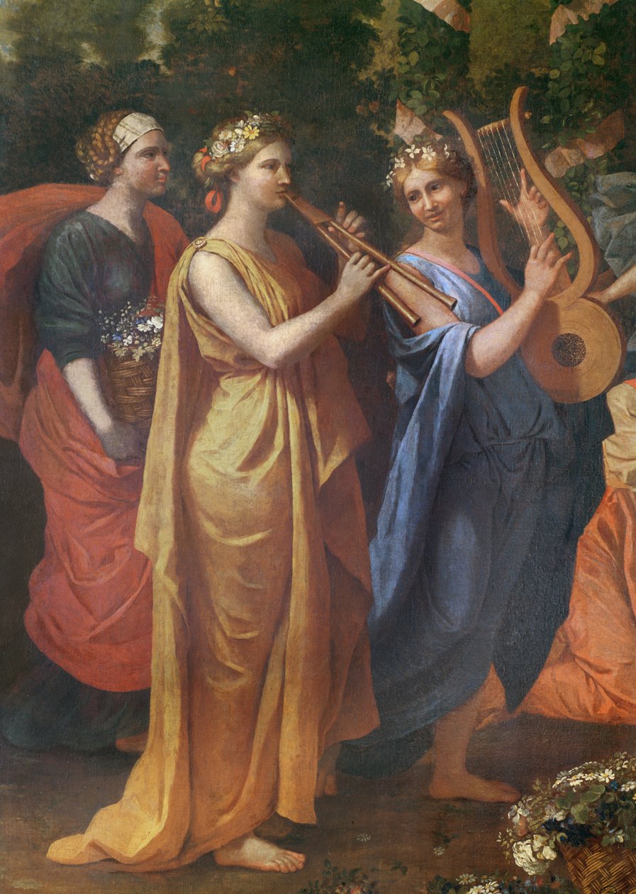 Naiseksi naamioitunut Hymenaios Priapukselle tehdyn uhrin aikana, yksityiskohta muusikoista, n. 1634-38 tekijältä Nicolas Poussin