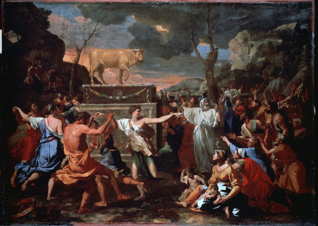 Kultaisen vasikan palvonta. Heprealaiset tanssivat kultaisen vasikan epäjumalan ympärillä. Nicolas Poussinin (1594-1665) maalaus tekijältä Nicolas Poussin