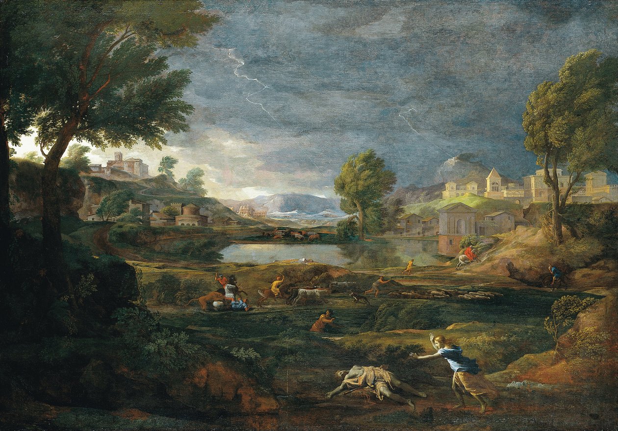 Maisema ukkosmyrskyn aikana Pyramuksen ja Thisben kanssa tekijältä Nicolas Poussin
