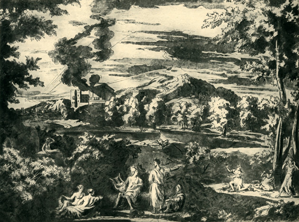 Maisema Orpheuksen ja Eurydiken kanssa, 1600-luvun puoliväli, 1943. tekijältä Nicolas Poussin