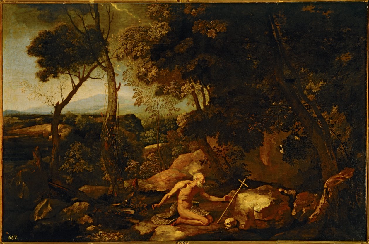 Maisema Pyhän Hieronymuksen kanssa ... (maalaus kankaalle) tekijältä Nicolas Poussin