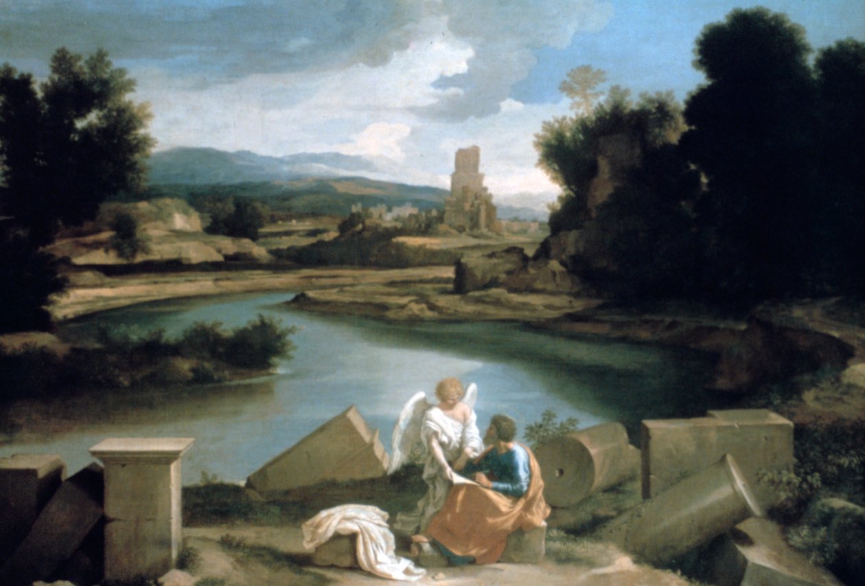 Maisema Pyhän Matteuksen ja enkelin kanssa, c1645 tekijältä Nicolas Poussin