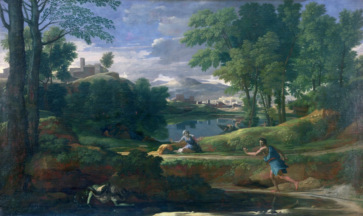 Maisema käärmeen tappaman miehen kanssa, n. 1648 (öljy kankaalle) tekijältä Nicolas Poussin
