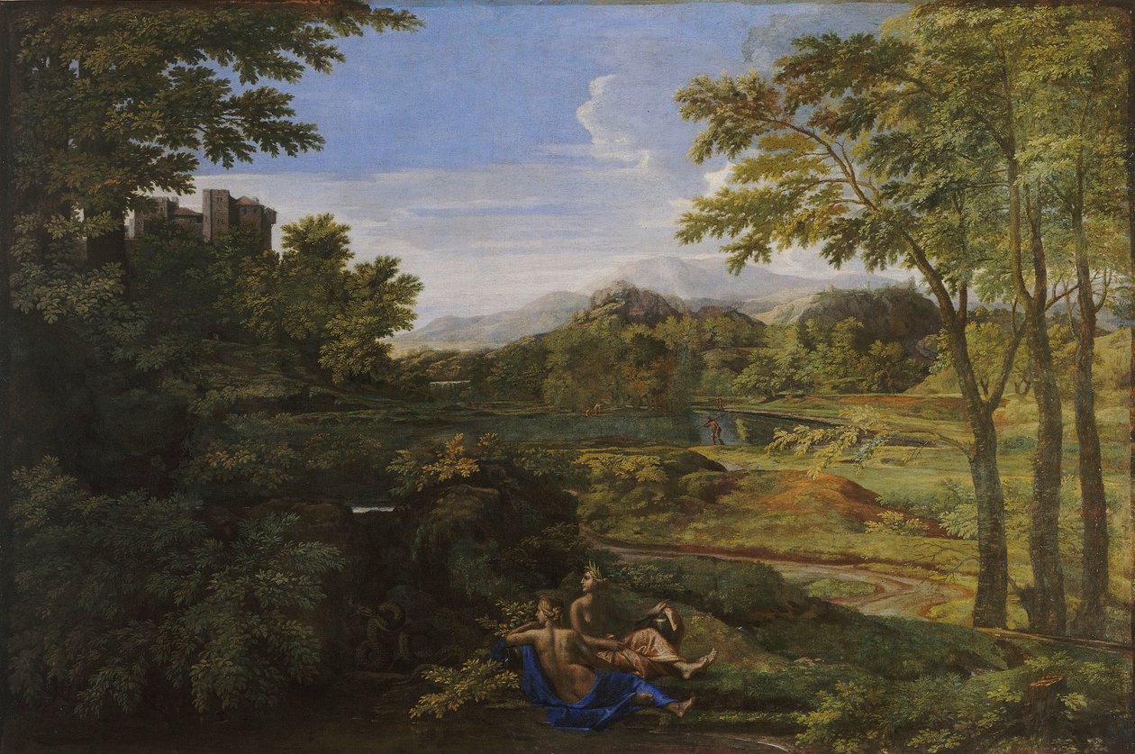 Maisema, jossa on kaksi nymfiä ja käärme, noin 1659 tekijältä Nicolas Poussin