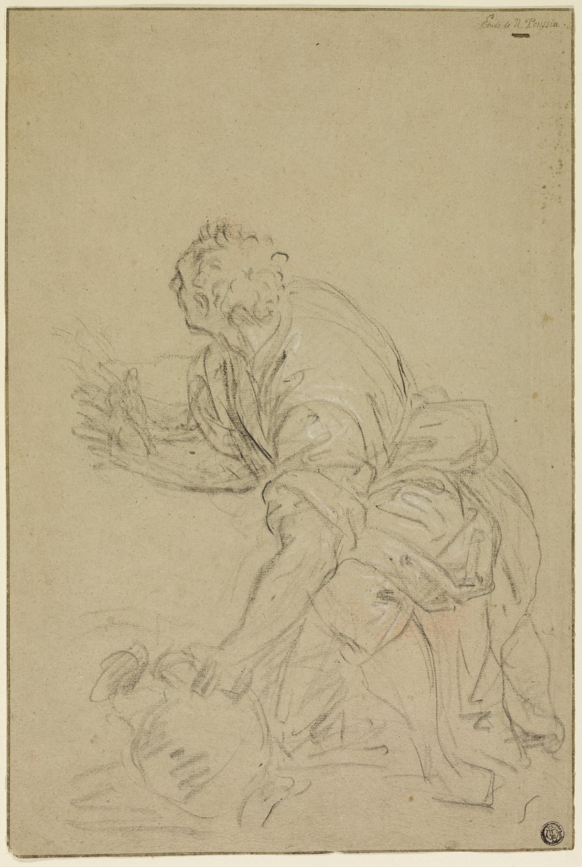 Mies polvistuu kannun kanssa (etusivu); seisova mies (kääntöpuoli). tekijältä Nicolas Poussin