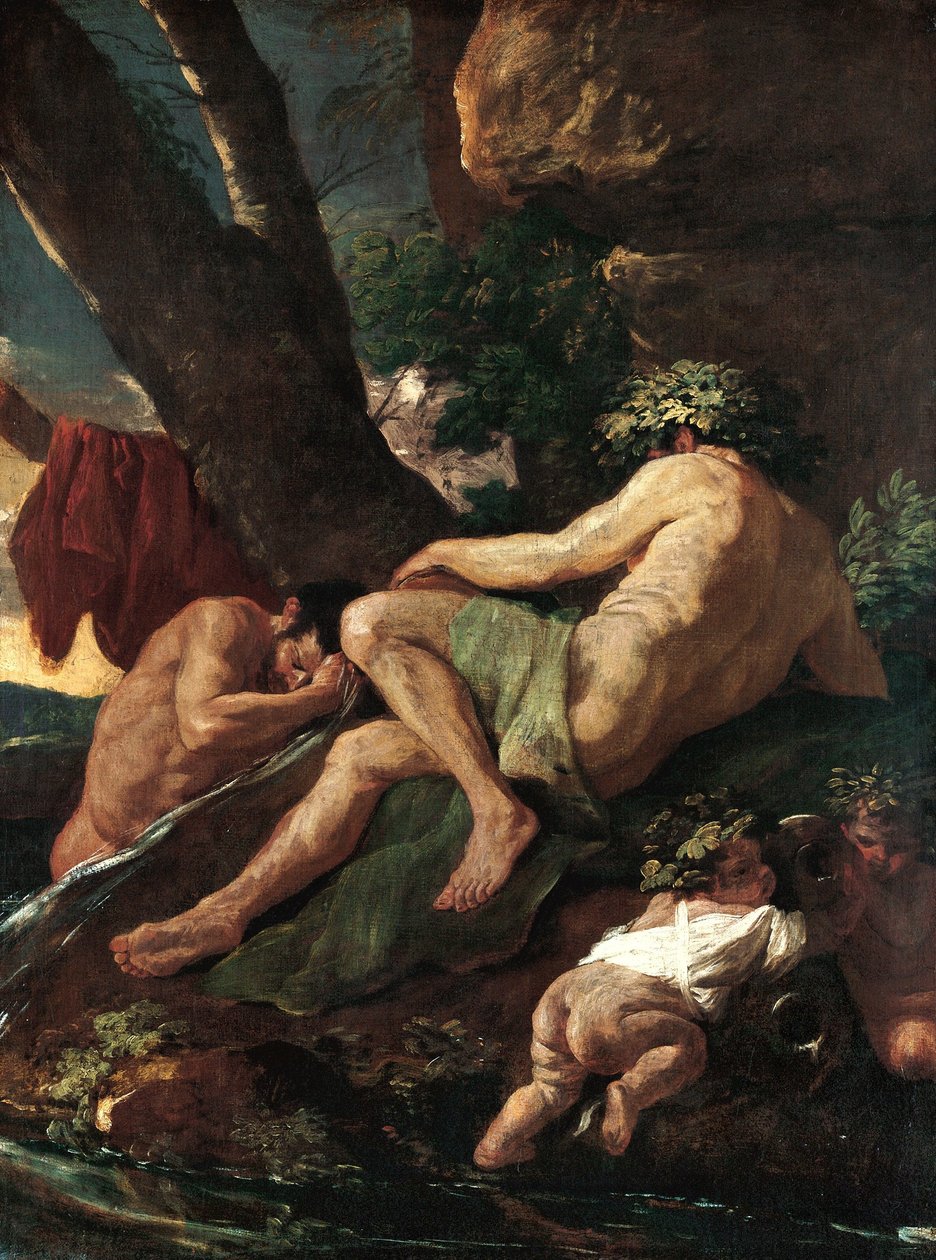Midas peseytyy Pactolus-joen lähteellä. tekijältä Nicolas Poussin