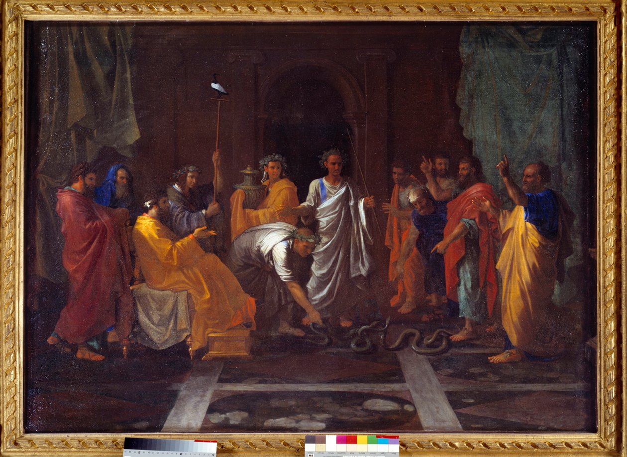 Mooses muuttaa Aaronin sauvan käärmeeksi. Nicolas Poussinin maalaus tekijältä Nicolas Poussin