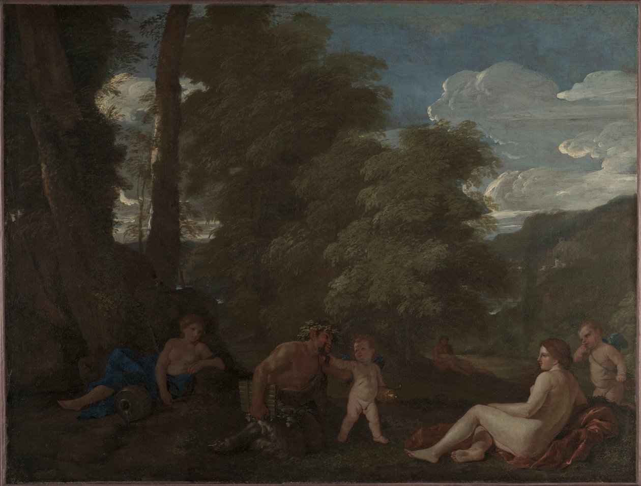 Nymfit ja satyyri Rakkaus voittaa kaiken 1625-1627. tekijältä Nicolas Poussin