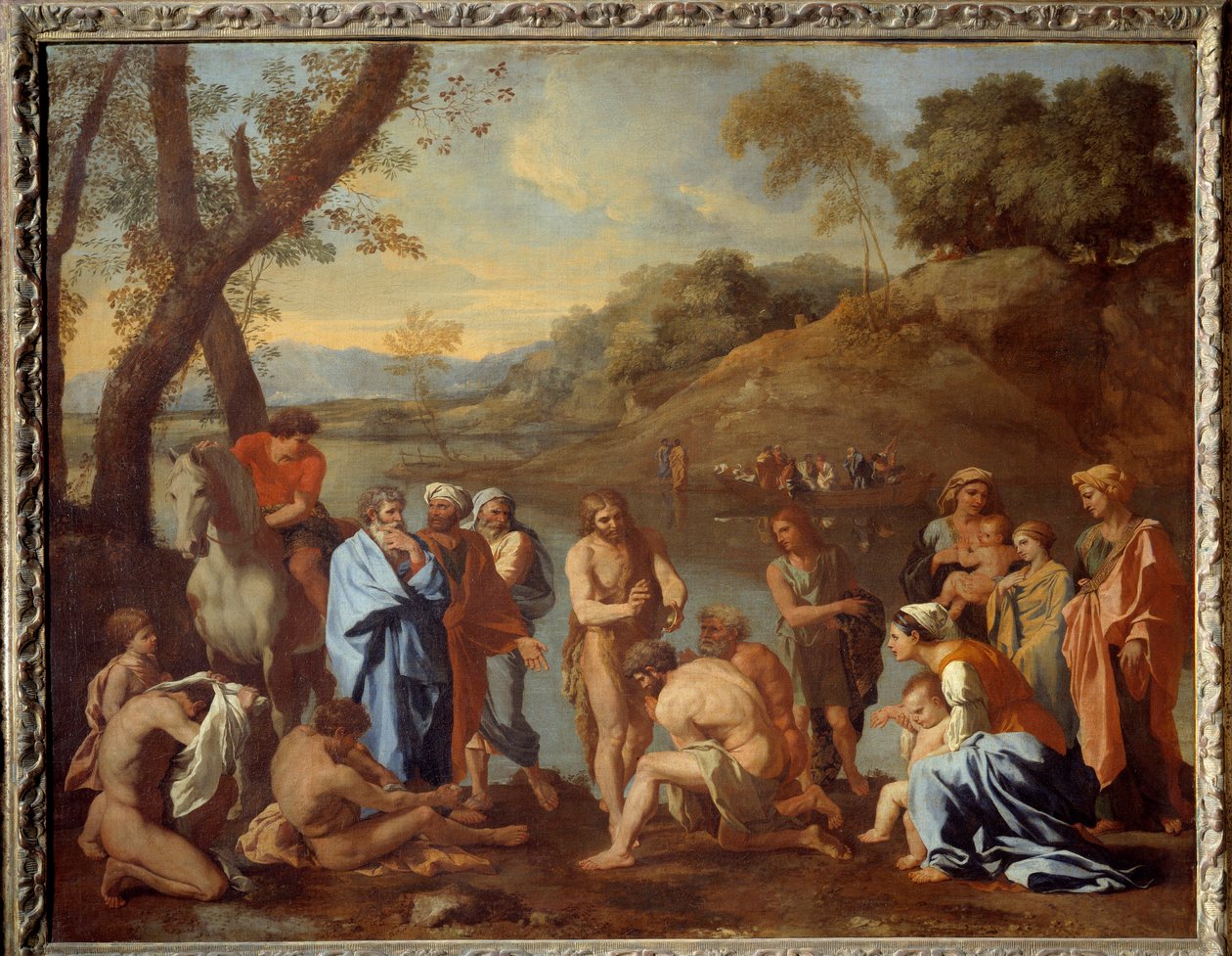 Pyhä Johannes kastaa ihmisiä. Pyhä Johannes Kastaja siunasi miehiä joen rannalla. Nicolas Poussinin maalaus tekijältä Nicolas Poussin
