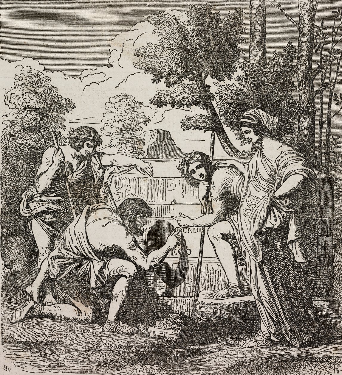 Shepherds of Arcadia, Nicolas Poussinin maalauksen jälkeen, kuvitus Universal Theatresta, Encyclopedic and scenografinen kokoelma, nro 512, 4. toukokuuta tekijältä Nicolas Poussin