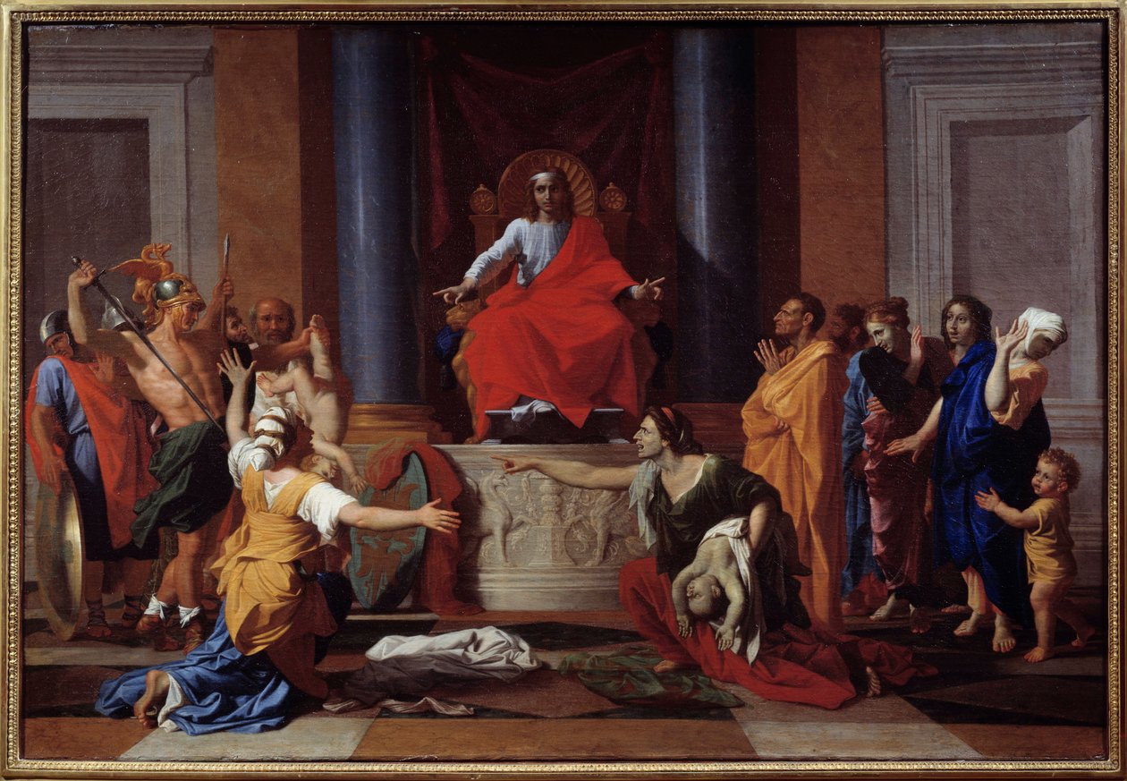 Salomonin tuomio Kaksi naista teeskentelee olevansa saman lapsen äiti. Nicolas Poussinin maalaus tekijältä Nicolas Poussin