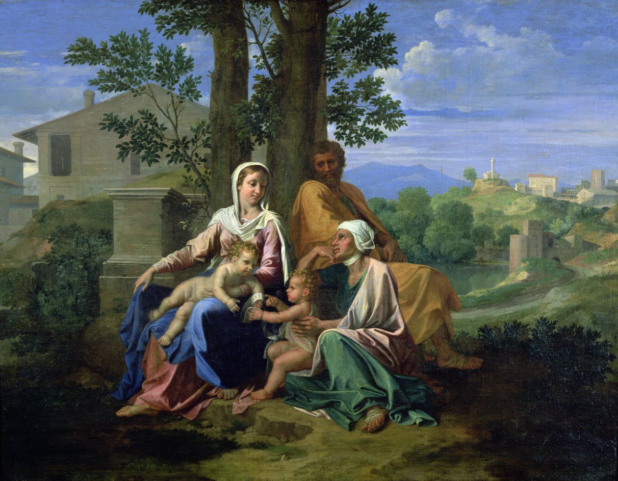Pyhä perhe SS:n kanssa. Johannes, Elisabet ja lapsi Johannes Kastaja tekijältä Nicolas Poussin