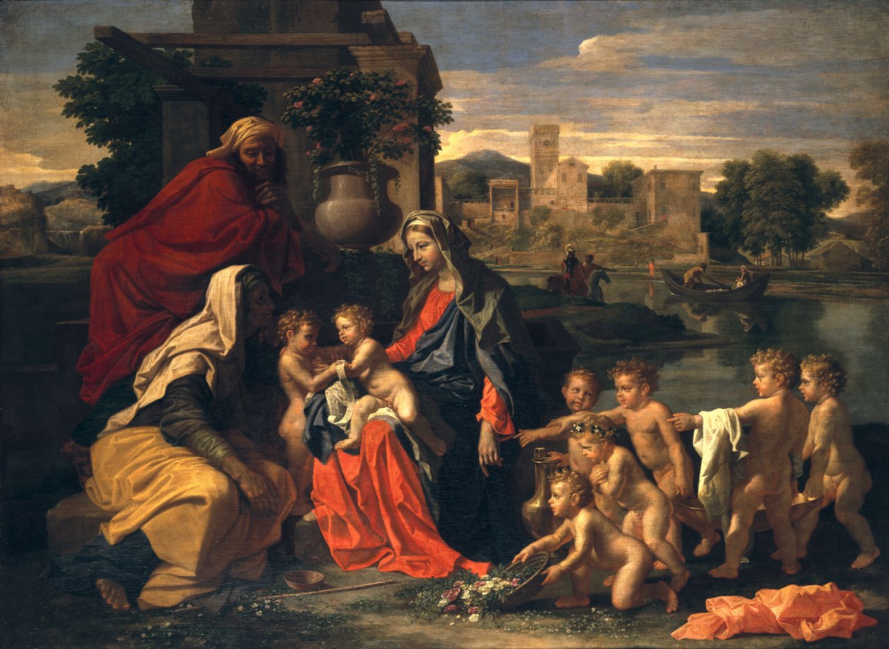 Pyhä perhe lapsen Pyhän Johannes Kastajan ja Pyhän Elisabetin kanssa tekijältä Nicolas Poussin