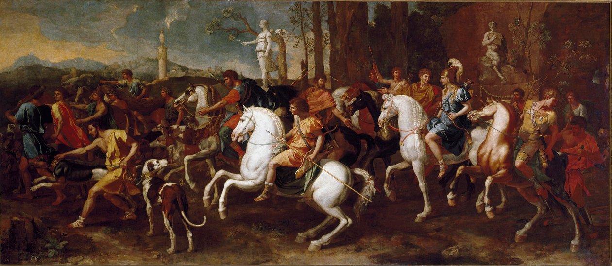 Meleagerin metsästys. Kreikkalaisen mytologian sankarit, joka on kuuluisa Calydonin villisian metsästyksen aikana. Nicolas Poussinin maalaus tekijältä Nicolas Poussin