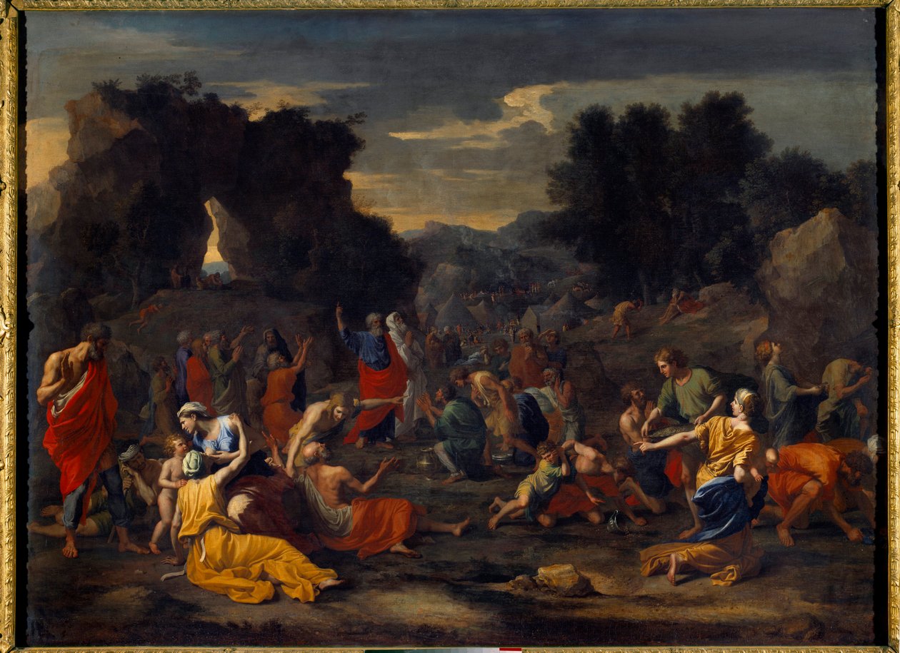 Israelilaiset keräävät mannaa (mannaa) erämaassa. Nicolas Poussinin (1594-1665) maalaus tekijältä Nicolas Poussin