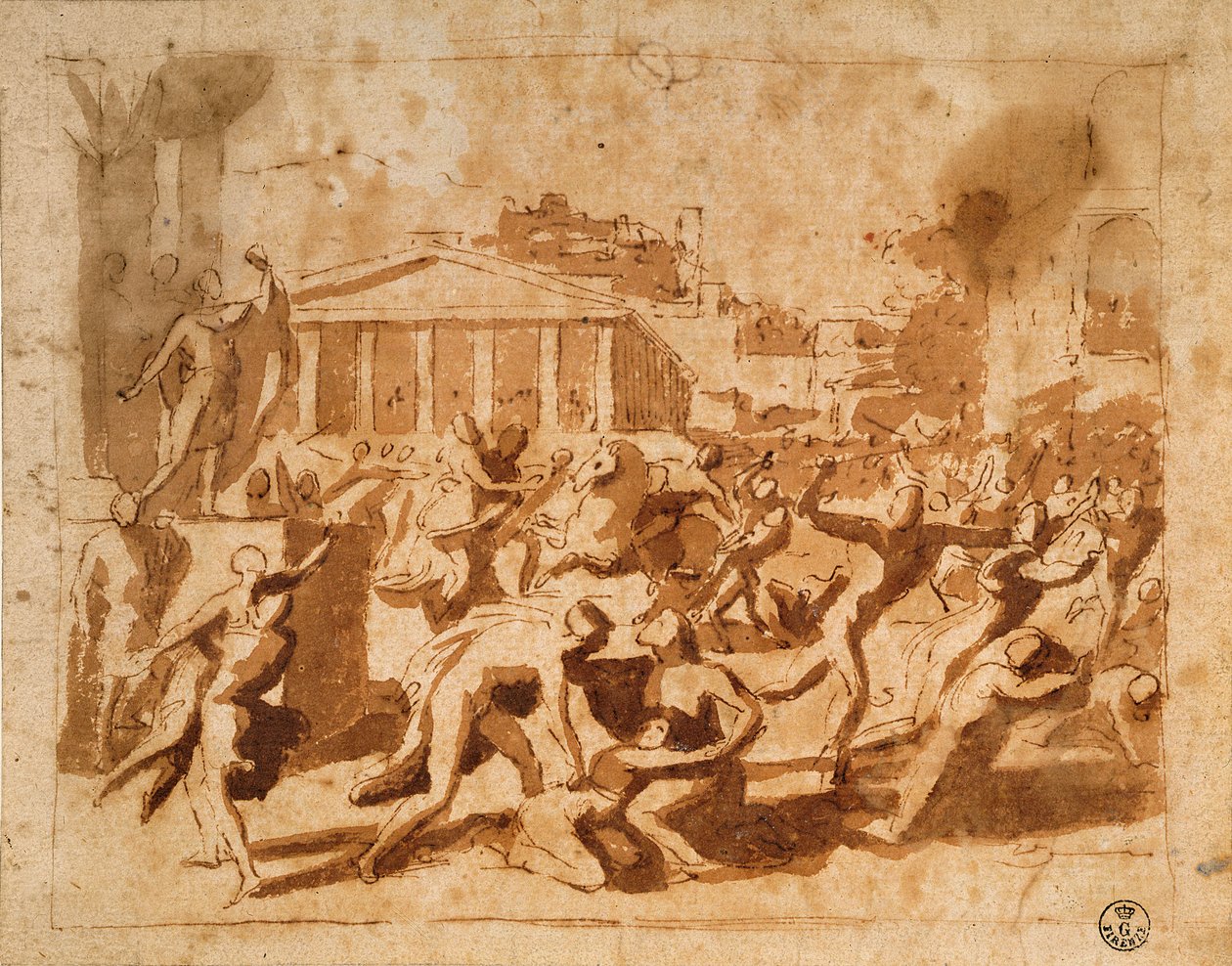 Sabiininaisten raiskaus (kynä ja mustepesu paperille) tekijältä Nicolas Poussin