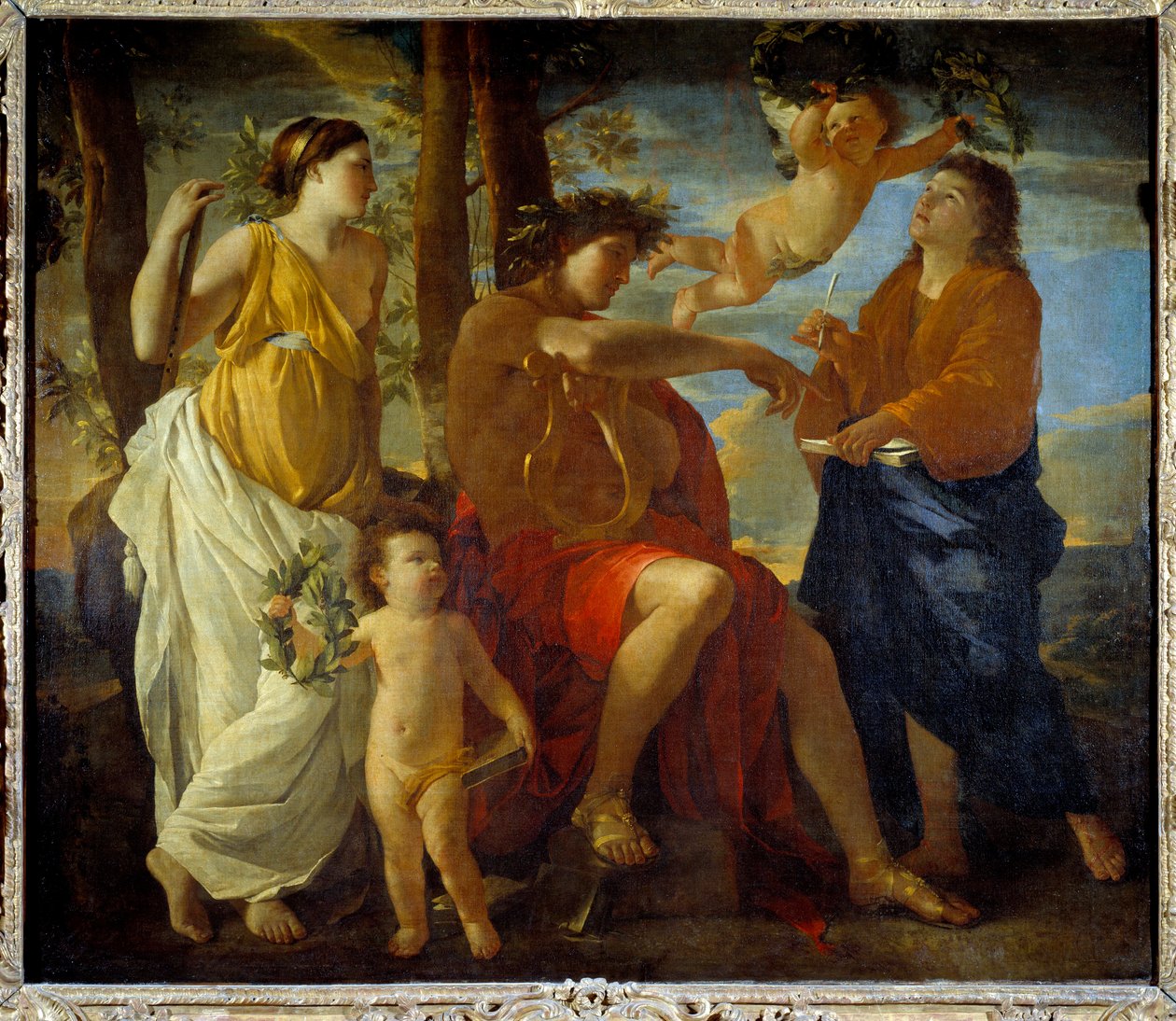 Runoilija Un poete inspiraatiota, lyyraa kädessä ja laakereiden kruunun päähine, ympäröi muusat ja putti. Nicolas Poussinin maalaus tekijältä Nicolas Poussin