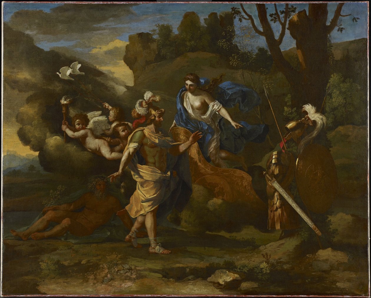 Venus, Aeneasin äiti, esittelee hänelle Vulcanin takomia aseita, n. 1635 (öljy kankaalle) tekijältä Nicolas Poussin