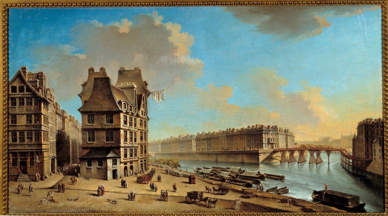 Quai de la Greve, Île Saint Louis ja Pont Rouge nähtynä Place de Greve -maalauksesta Nicolas Raguenetin (1715-1793) 1700-luvun su. 0,46 x 0,84 m Pariisi, Musee Carnavalet - Quai de la Greve, Ile Saint-Louis ja Pont Rouge nähtynä tekijältä Nicolas Raguenet