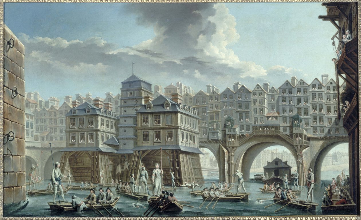Merimiesten turnajaiset Pont Notre-Damen ja Pont au Changen välillä. tekijältä Nicolas Raguenet
