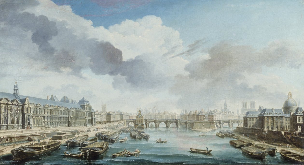 Louvre, Pont-Neuf ja Collège des Quatre-Nations, nykyinen Institut de France, Pont Royalilta katsottuna. tekijältä Nicolas Raguenet