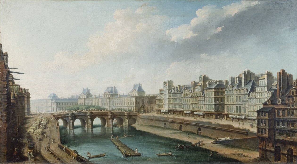 Louvre, Pont-Neuf ja Quai des Orfèvres, Quai des Grands-Augustinsilta katsottuna, noin 1760 (öljy kankaalle). tekijältä Nicolas Raguenet