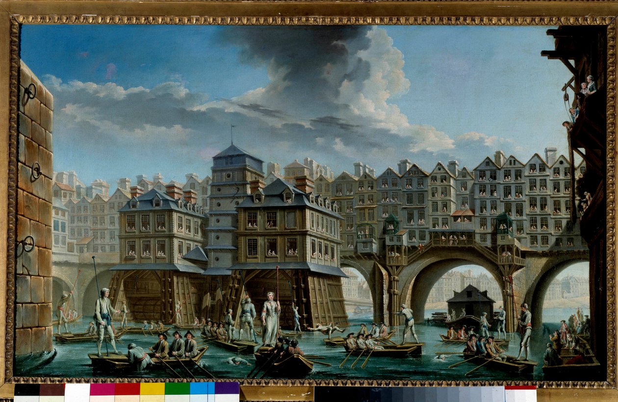 Merimiespeli Pont Notre-Damen ja Pont-au-Changen välillä Merenkulkupeli Seine-joella Pariisissa. Nicolas Jean Baptiste Raguenet