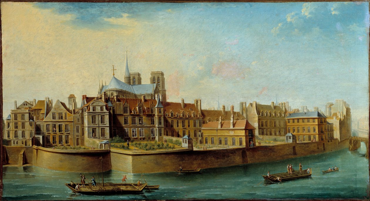 Näkymä Ile de la Cite -vuorelle, Notre Damen katedraalin apsis ja Quai aux Fleurs Ile Saint Louisista Pariisissa. Nicolas Raguenet