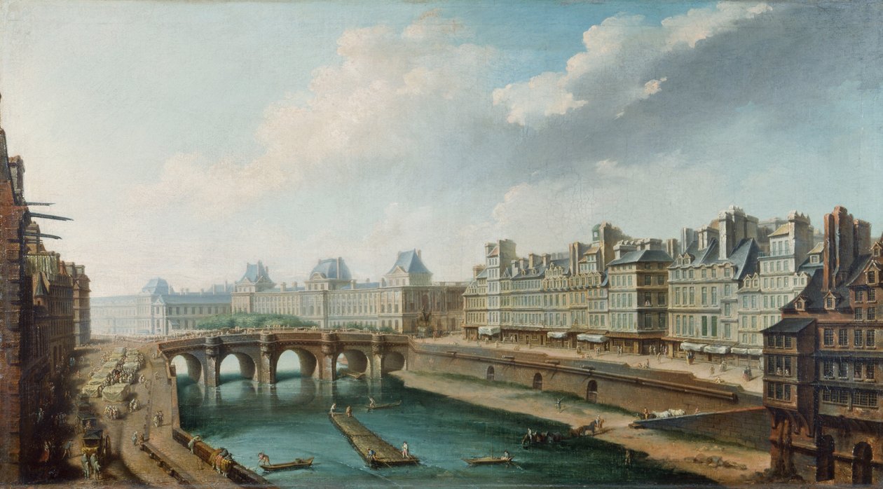Näkymä Louvren palatsille, Pont Neufille ja Quai des Orfevres -kadulle Quai des Grands Augustinsista nähtynä, n. 1760 (öljy kankaalle) tekijältä Nicolas Raguenet