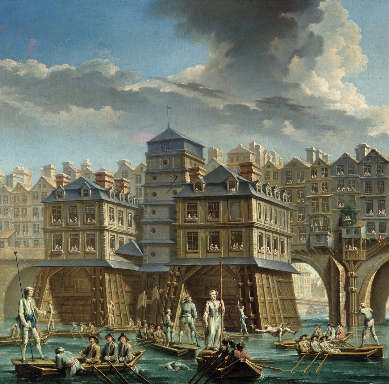 maalauksen yksityiskohta: Joute des mariniers Pont Notre-Damen ja Pont-au-Changen välillä” Merenkulkuturnaus Seine-joella Pariisissa. Nicolas Jean Baptiste Raguenet