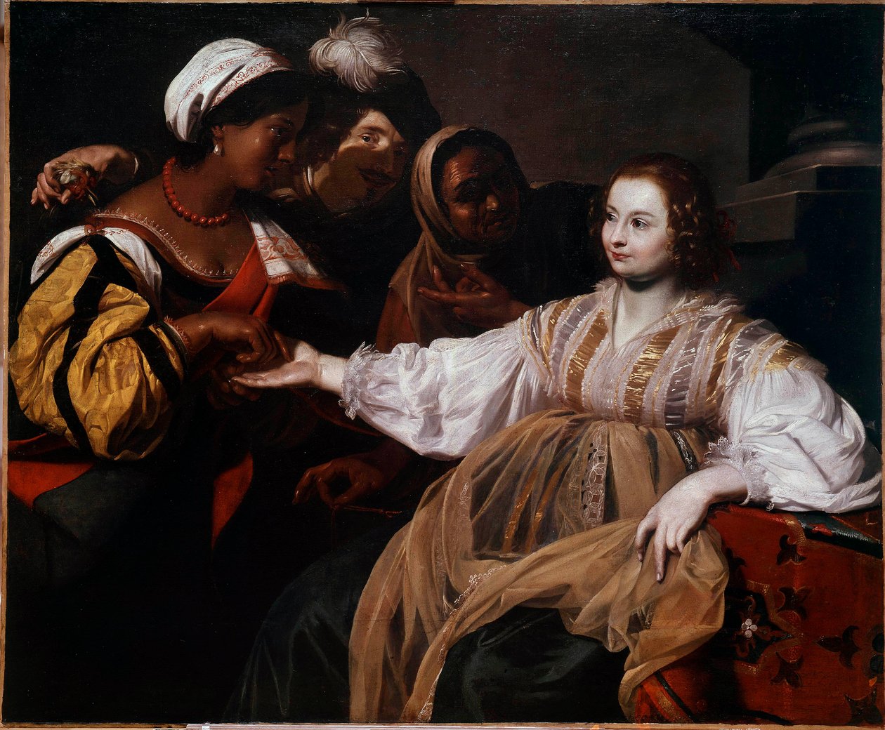 Ennustaja Eräs nainen tuli käymään kädenlääkärin vastaanotolla. Nicolas Regnierin (1591-1667) maalaus Sun. 1,2x1,5 m tekijältä Nicolas Regnier