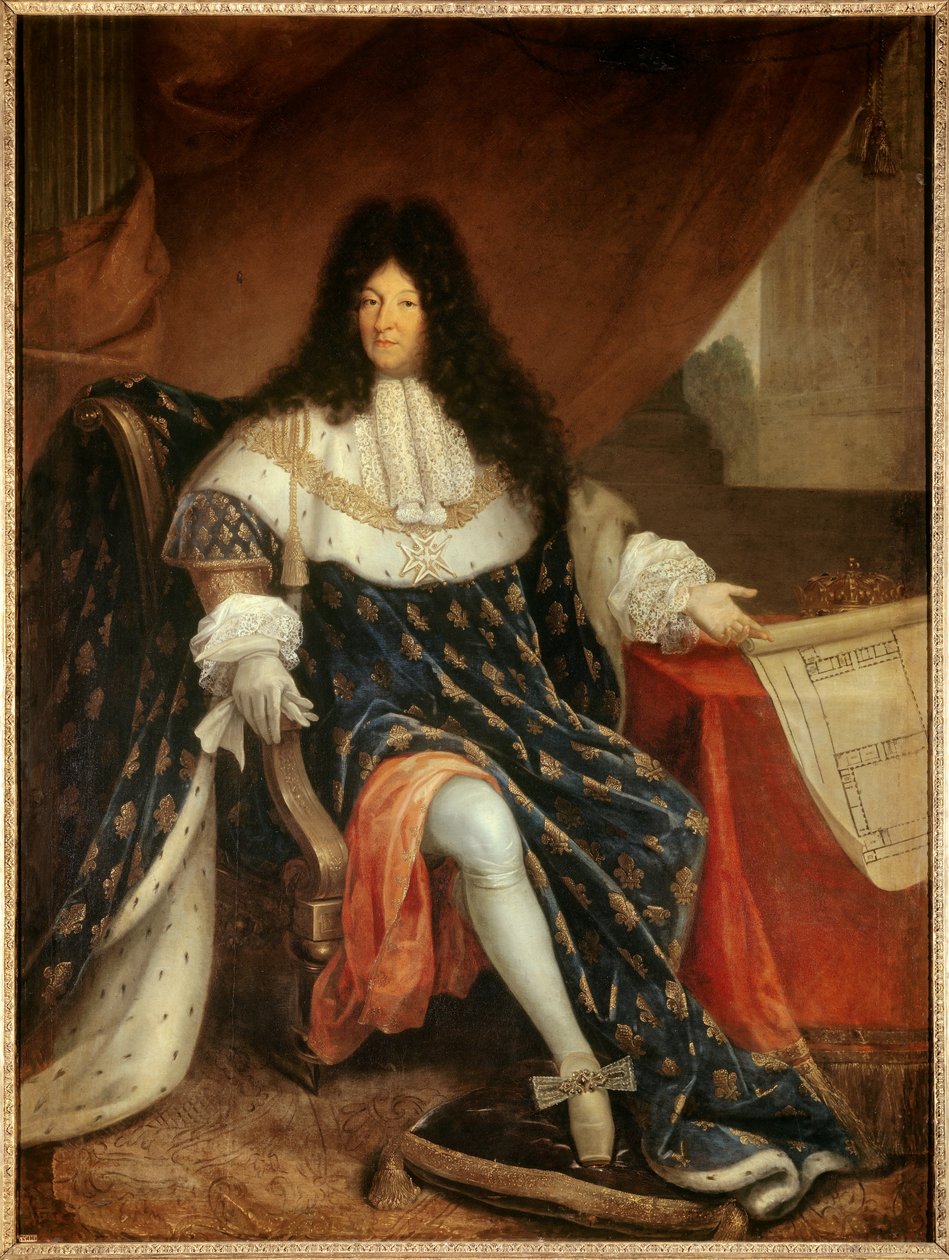 Ludvig XIV:n (1638-1715) muotokuva jalassa pitelee Saint Cyrin (Saint-Cyr) kuninkaallisen talon suunnitelmaa. Nicolas Rene Jollain Vanhan maalaus tekijältä Nicolas Rene Jollain