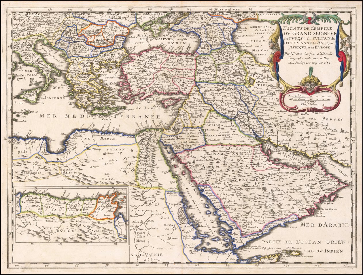 1654 kartta - Turkkilaisten suuriruhtinaan eli ottomaanien sulttaanin valtakunnan valtiot Aasiassa, Afrikassa ja Euroopassa. tekijältä Nicolas Sanson