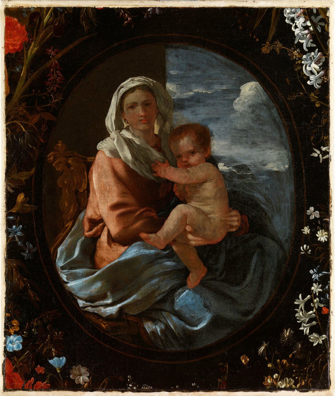 Neitsyt ja lapsi kukkaseppeleessä tekijältä Nicolas & Seghers Daniel (1590–1661) Poussin