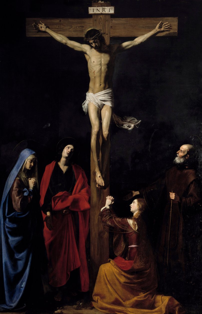 Kristus ristillä, Neitsyt, Madeleine, Pyhä Johannes ja Saint Vincent de Paul Kirjoitus "INRI"" ristillä. Nicolas Tournierin (1590-1657) maalaus tekijältä Nicolas Tournier